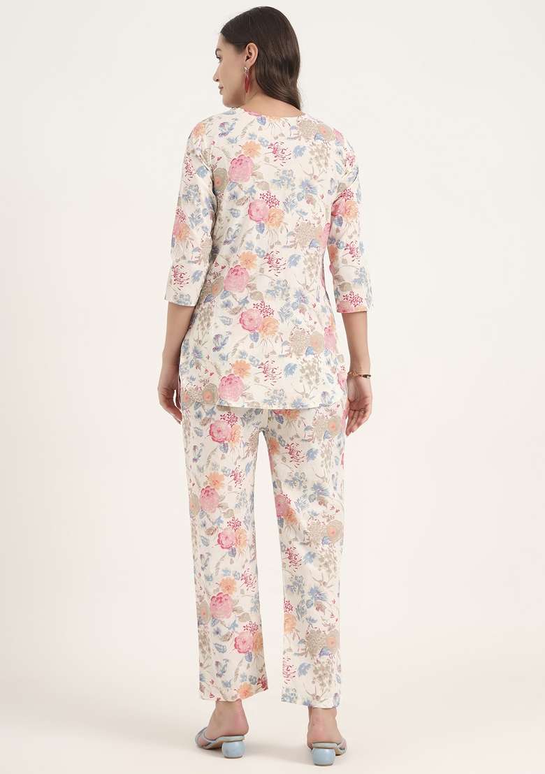 White Floral Print Cotton Co Ord Set - Indya