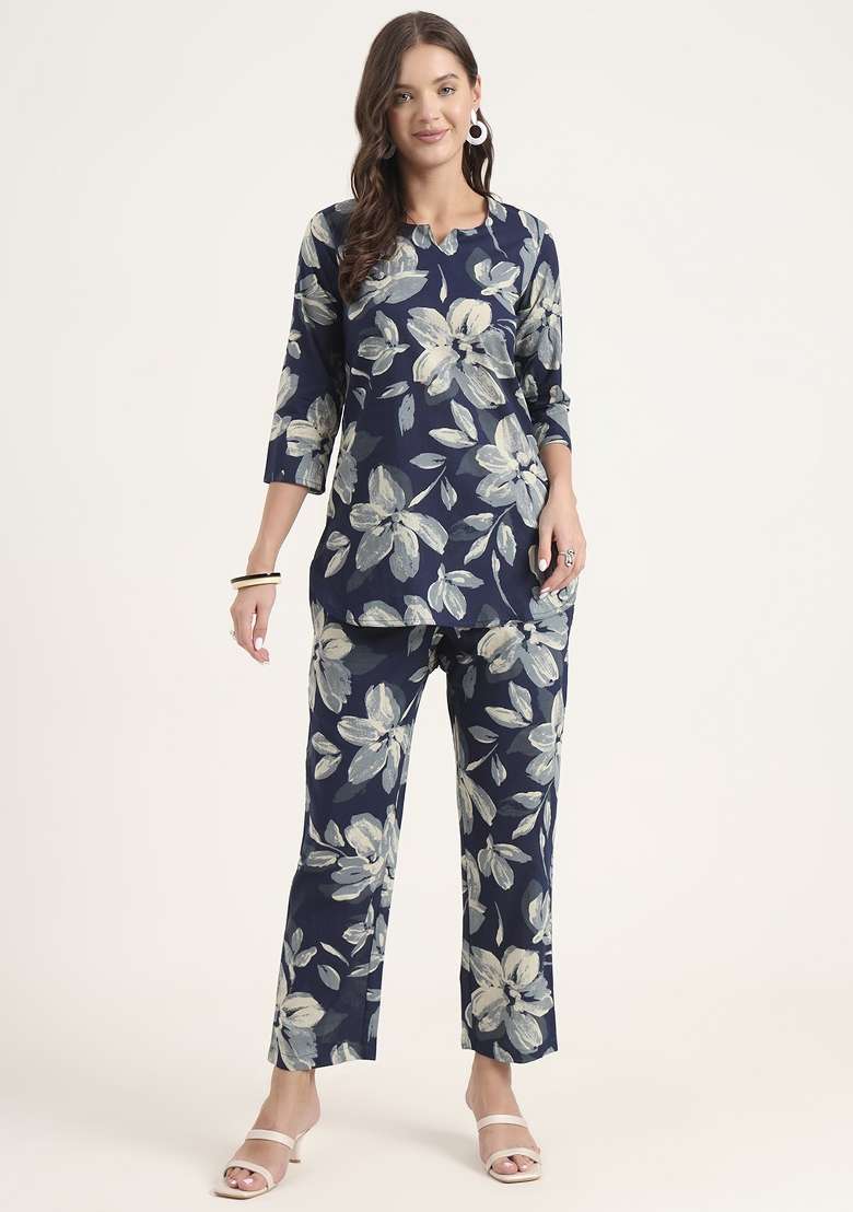 Blue Floral Print Cotton Co Ord Set - Indya