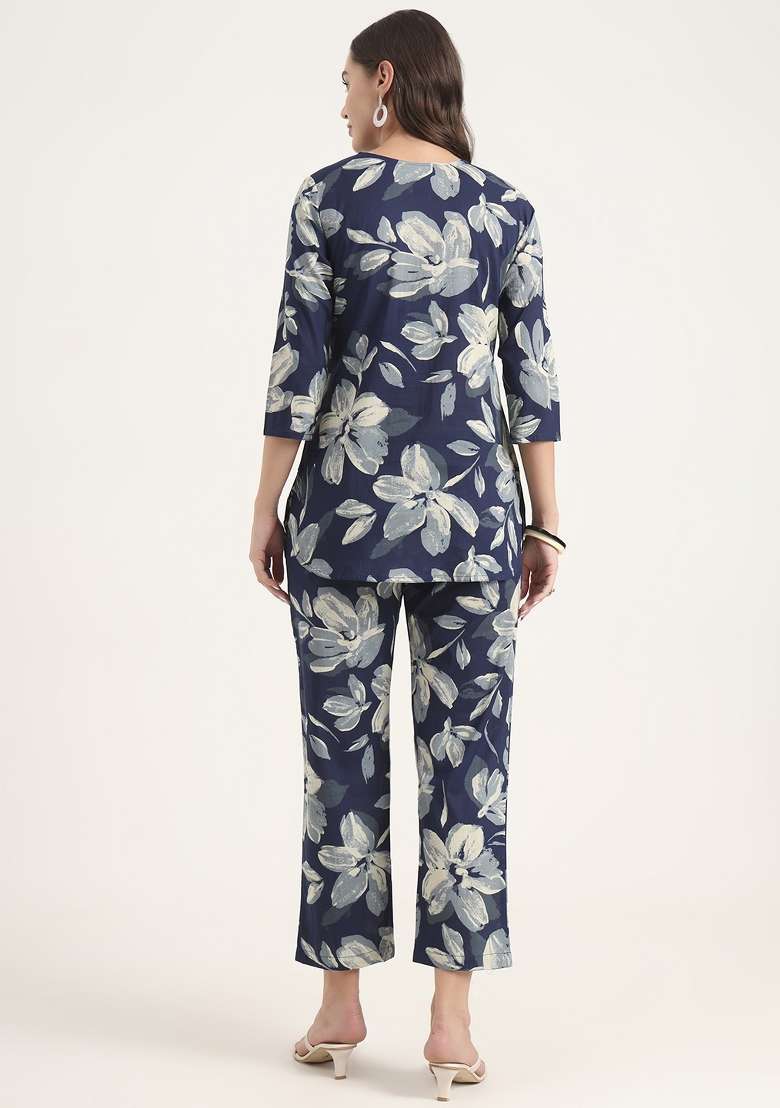 Blue Floral Print Cotton Co Ord Set - Indya