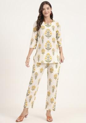Cream embroidered Cotton Co Ords Sets
