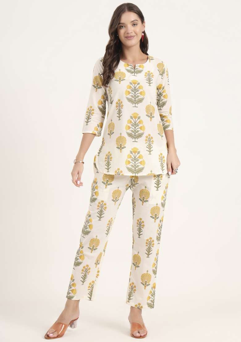 Cream Floral Print Cotton Co Ord Set - Indya
