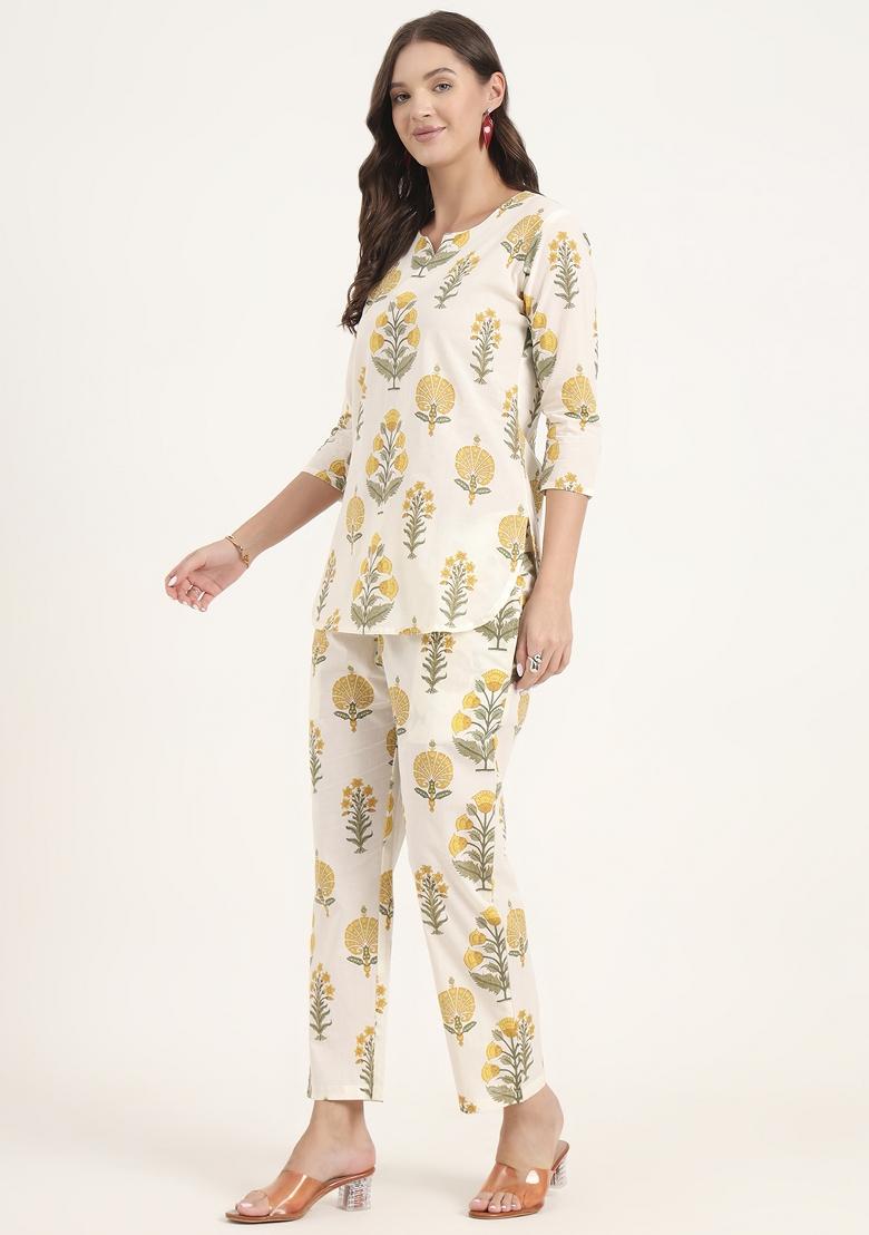 Cream embroidered Cotton Co Ords Sets