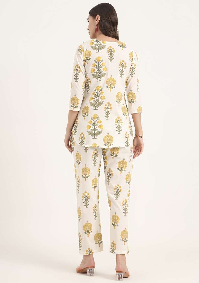 Cream Floral Print Cotton Co Ord Set - Indya