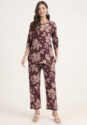 Burgundy embroidered Cotton Co Ords Sets