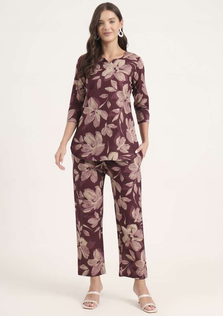 Burgundy Floral Print Cotton Co Ord Set - Indya