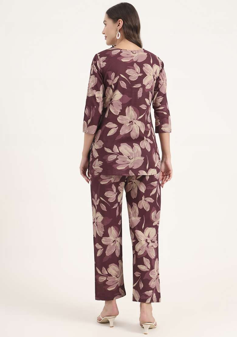 Burgundy Floral Print Cotton Co Ord Set - Indya