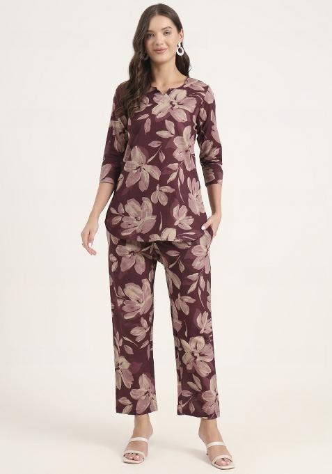 Burgundy embroidered Cotton Co Ords Sets