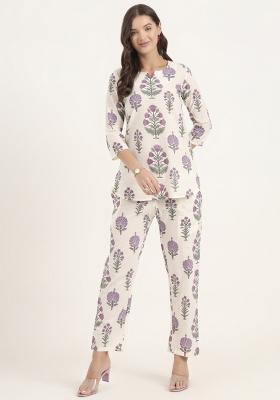 Cream embroidered Cotton Co Ords Sets