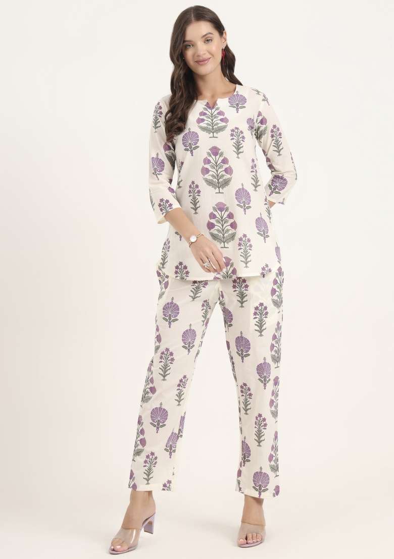Cream Floral Print Cotton Co Ord Set - Indya
