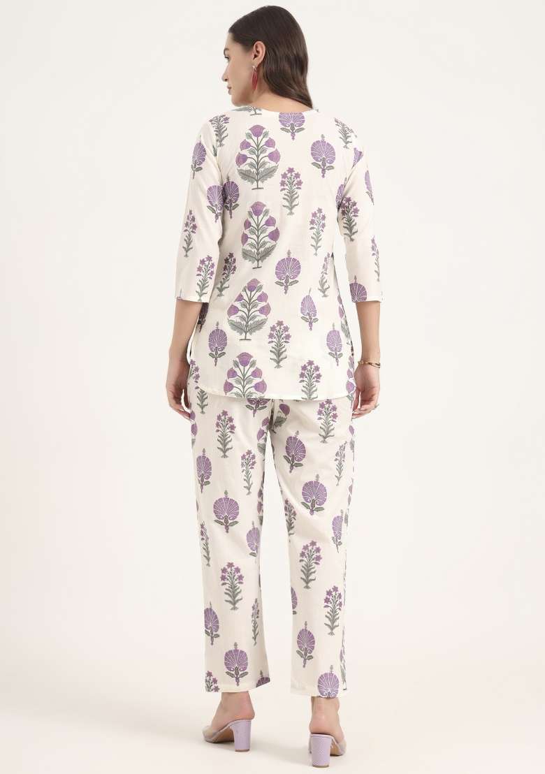 Cream Floral Print Cotton Co Ord Set - Indya
