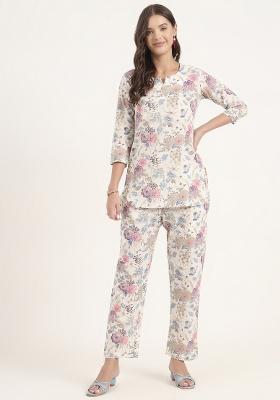 Cream embroidered Cotton Co Ords Sets