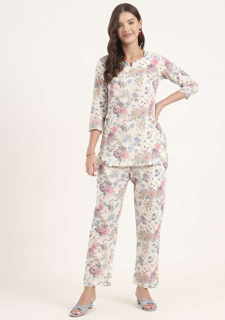 Cream Floral Print Cotton Co Ord Set - Indya