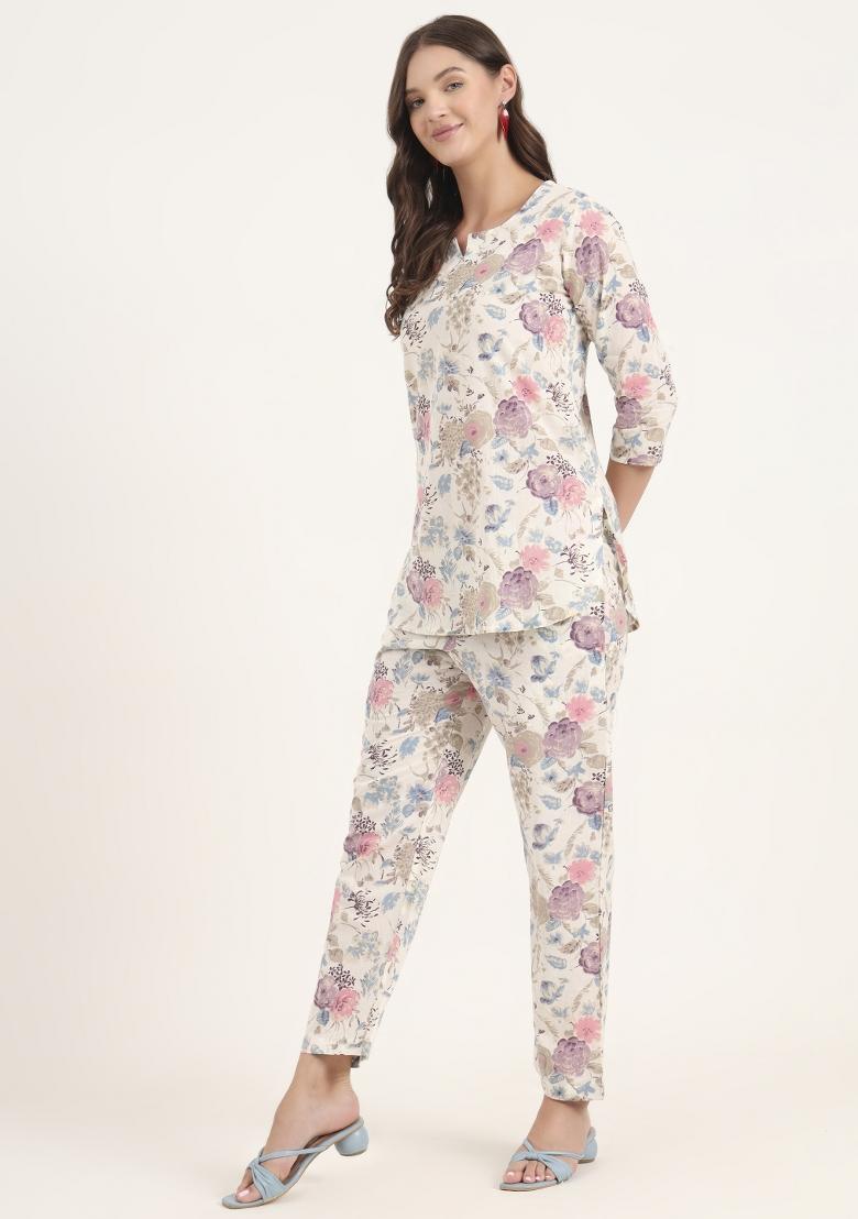 Cream embroidered Cotton Co Ords Sets