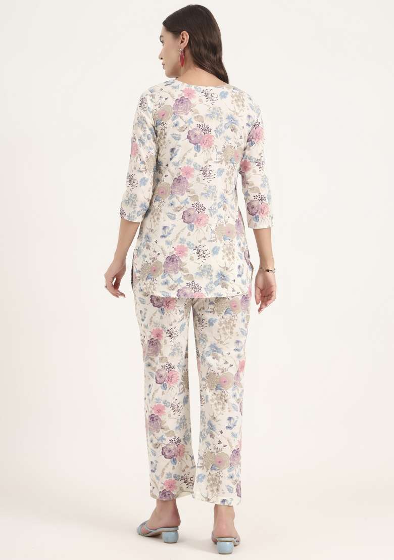 Cream Floral Print Cotton Co Ord Set - Indya