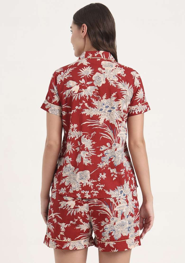 Red Floral Print Cotton Co Ord Set - Indya