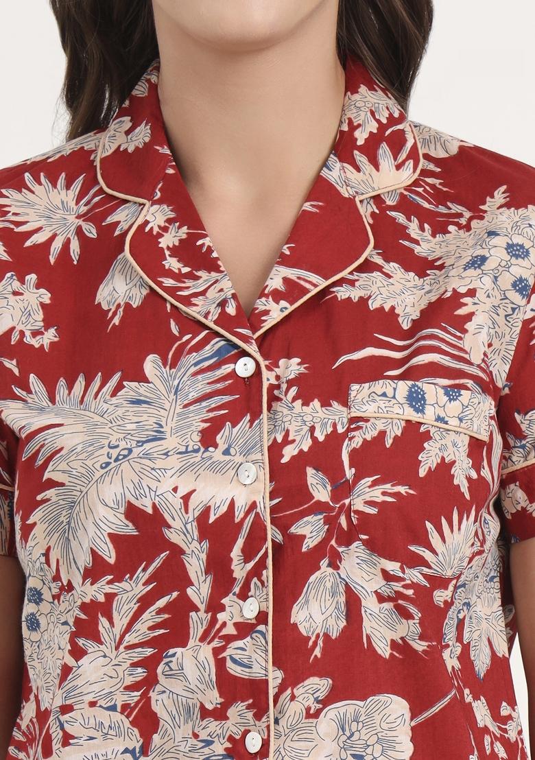 Red  embroidered Cotton Co Ords Sets