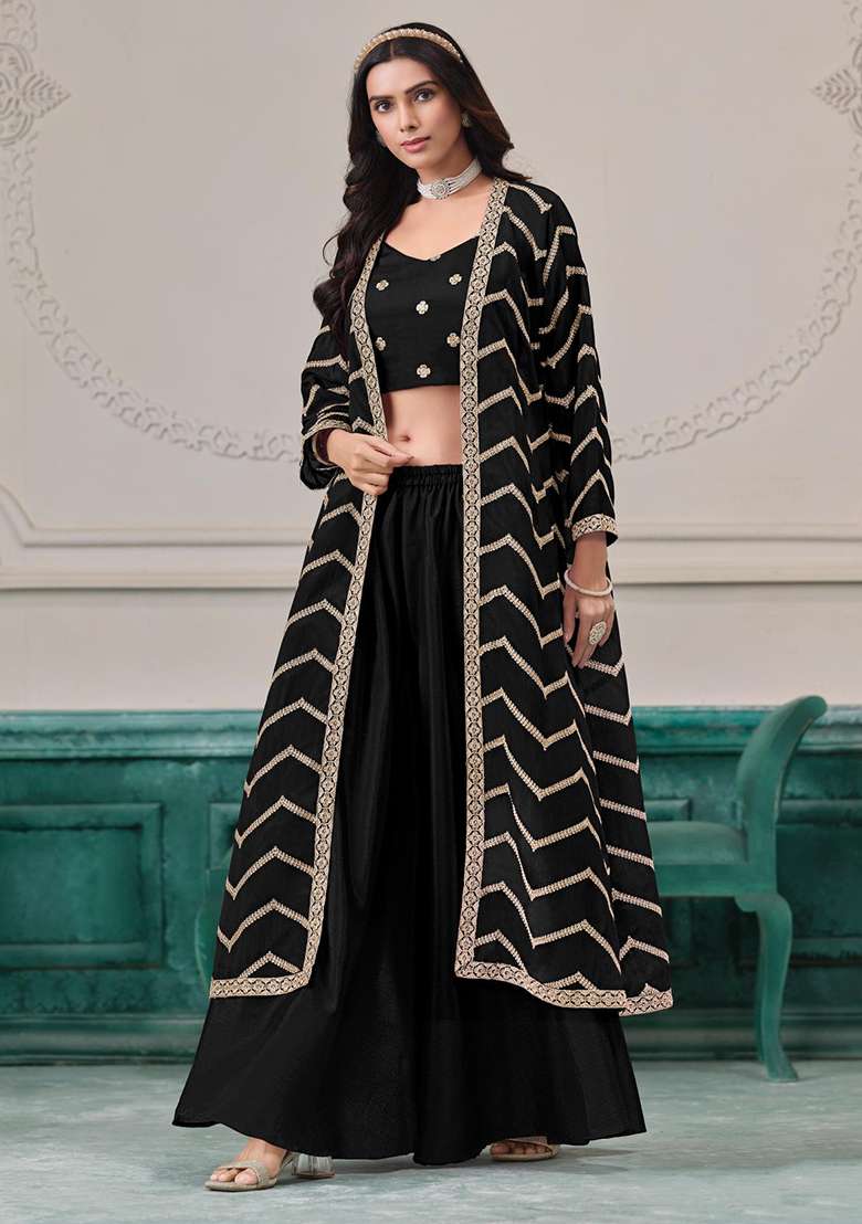 Black Embroidered Silk Fusion Set for Diwali and Festive Wear - Indya