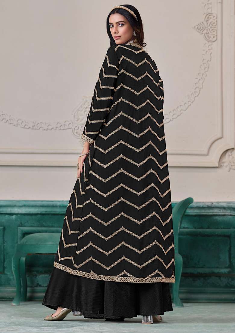 Black Embroidered Silk Fusion Set for Diwali and Festive Wear - Indya