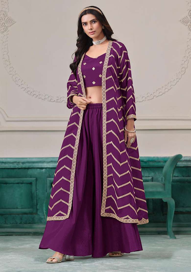 Purple Embroidered Silk Fusion Set for Diwali and Festive Wear - Indya