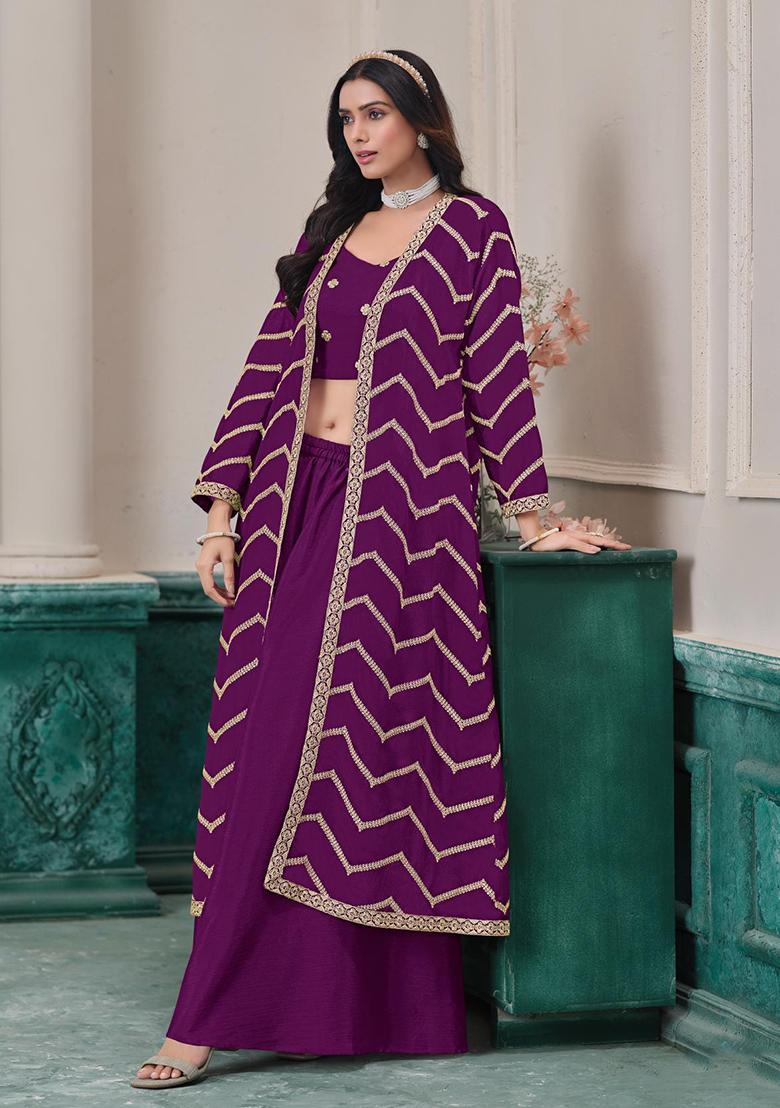 Purple Embroidered Silk Fusion Set - Indya