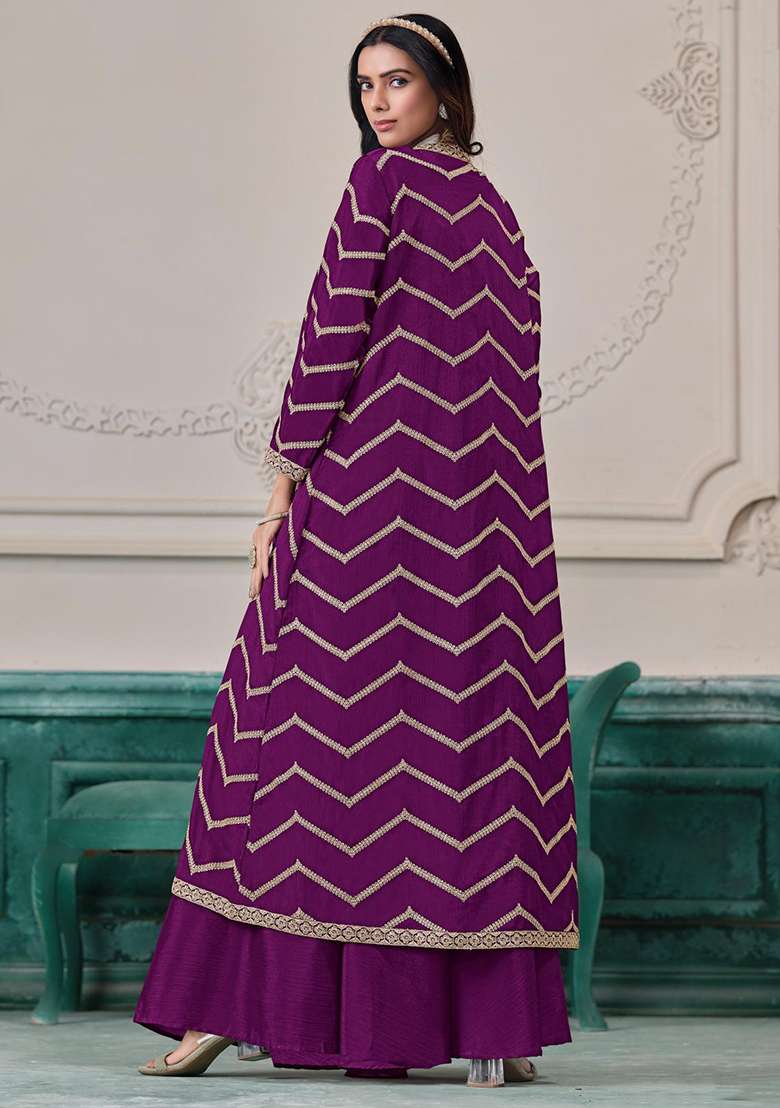 Purple Embroidered Silk Fusion Set for Diwali and Festive Wear - Indya