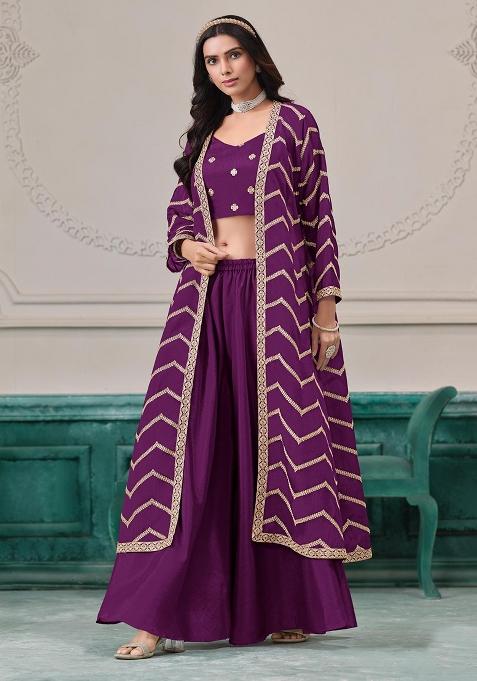 Purple Embroidered Silk Fusion Set