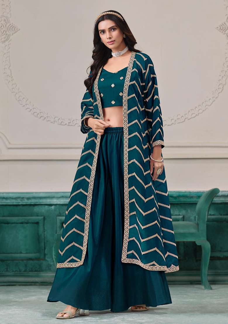 Brown Silk Fusion Set with Embroidered for Diwali | Wedding & Festive Wear - Indya