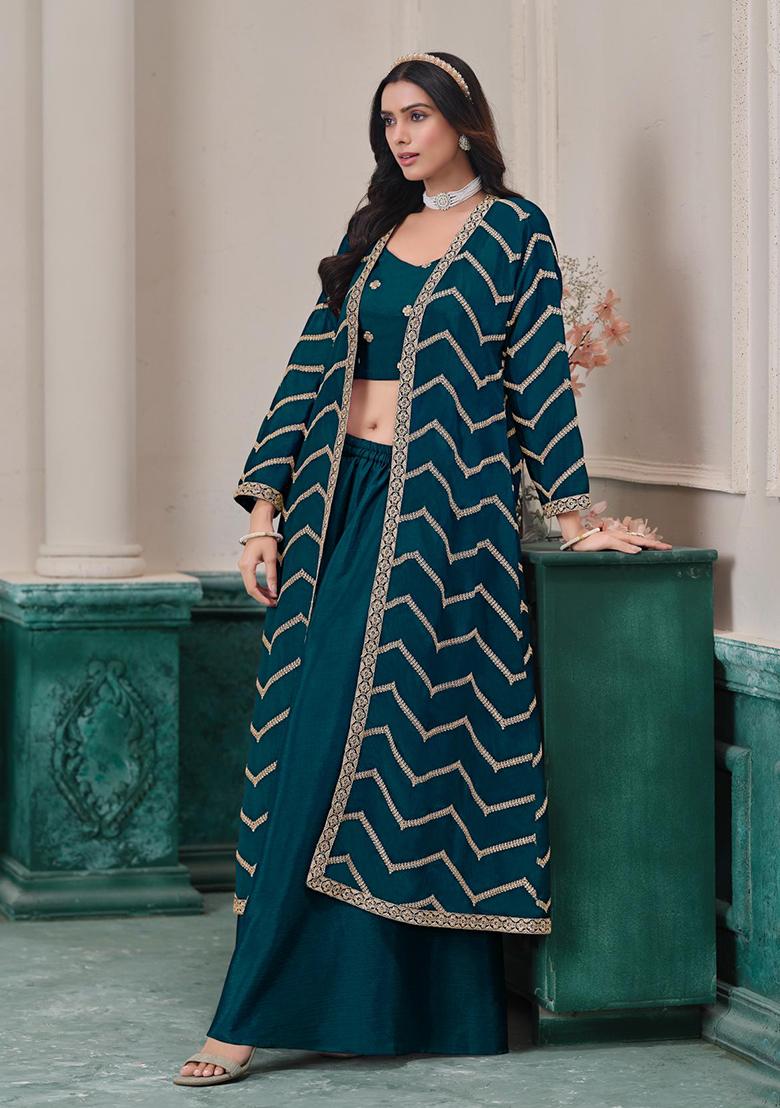 Brown Embroidered Silk Fusion Set - Indya