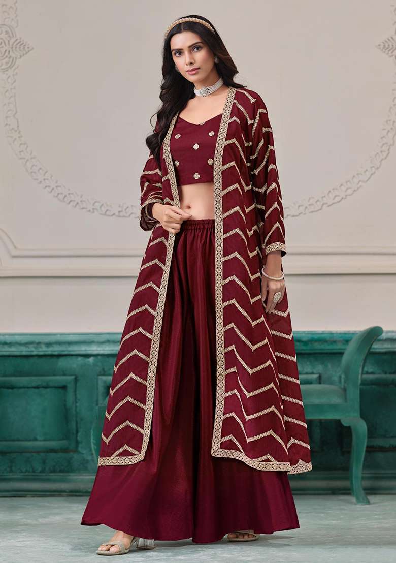 Maroon Embroidered Silk Fusion Set for Diwali and Festive Wear - Indya