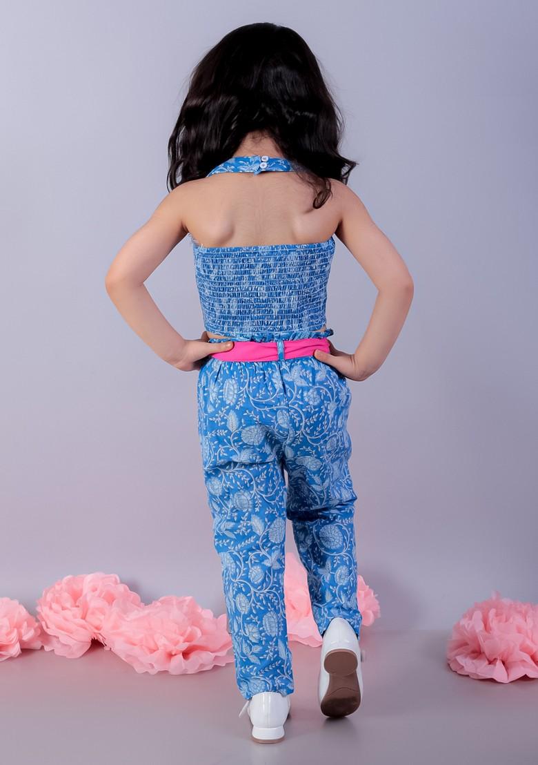 Blue Floral 3D Print Top With Pants (Set of 2) - Indya