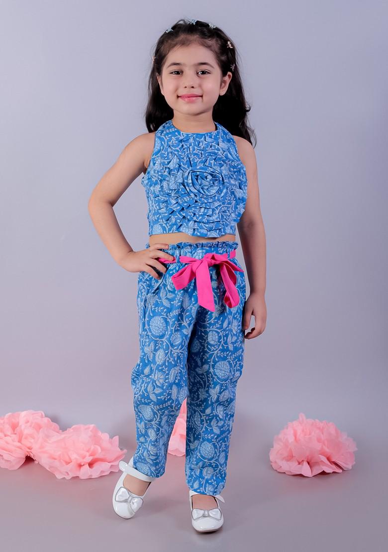 Blue Floral 3D Print Top With Pants (Set of 2) - Indya