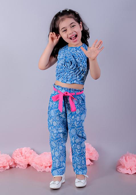 Blue Floral 3D Print Top With Pants (Set of 2)