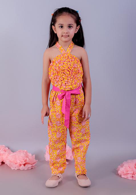 Yellow Floral 3D Print Top With Pants (Set of 2)