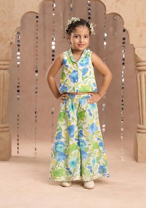 Green Jaipuri Print Top With Pants (Set of 2)