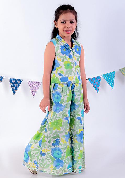 Green Jaipuri Print Top With Pants (Set of 2)