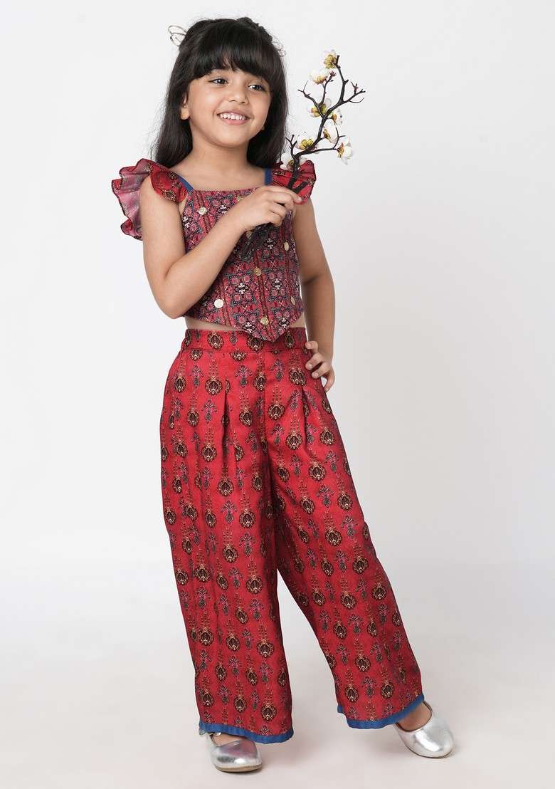 Red Digital Print Top With Pants (Set of 2) - Indya