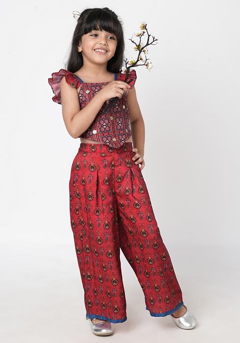 Red Digital Print Top With Pants (Set of 2)