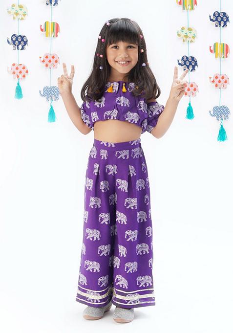 Purple Block Print Top With Pants (Set of 2)