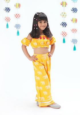 Yellow Block Print Top With Pants (Set of 2)