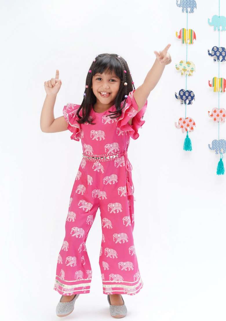 Pink Block Print Jumpsuit With Belt (Set of 2) - Indya