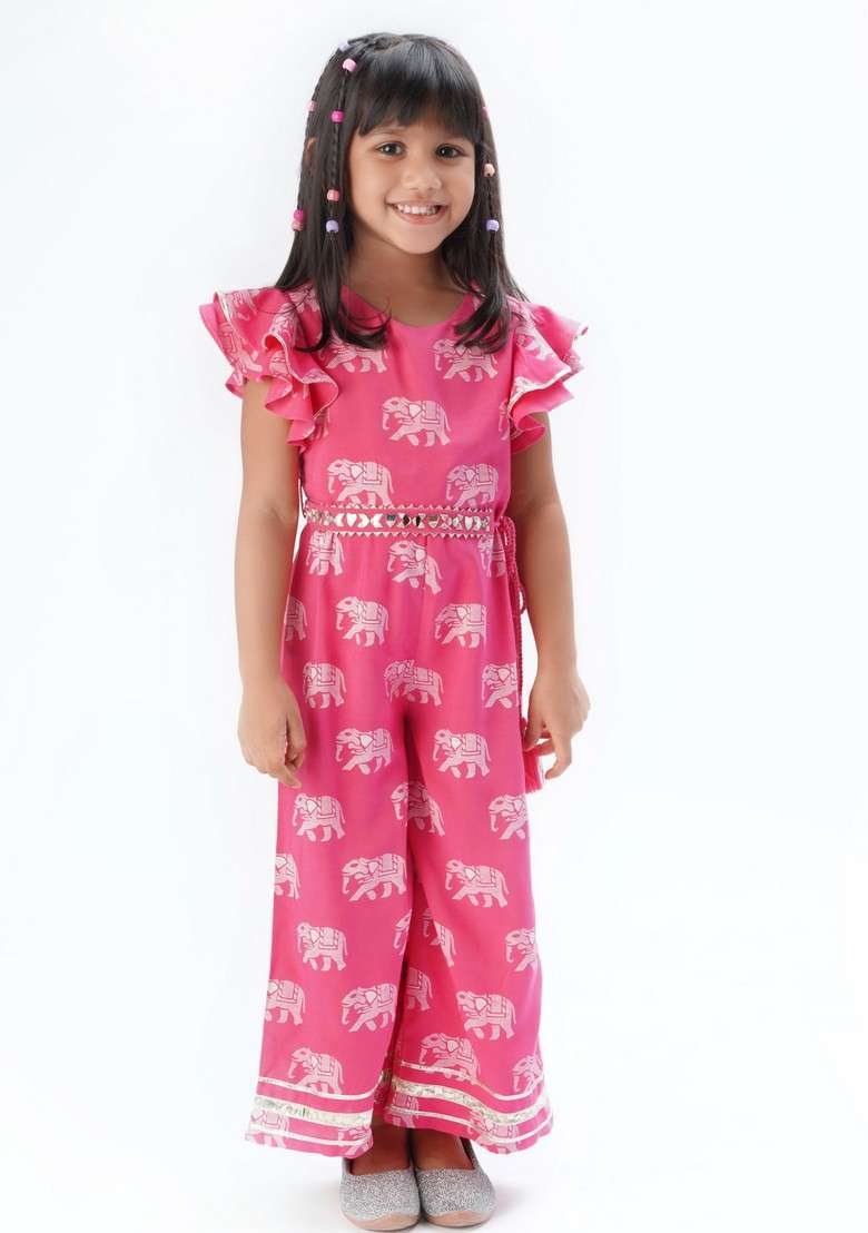 Pink Block Print Jumpsuit With Belt (Set of 2) - Indya