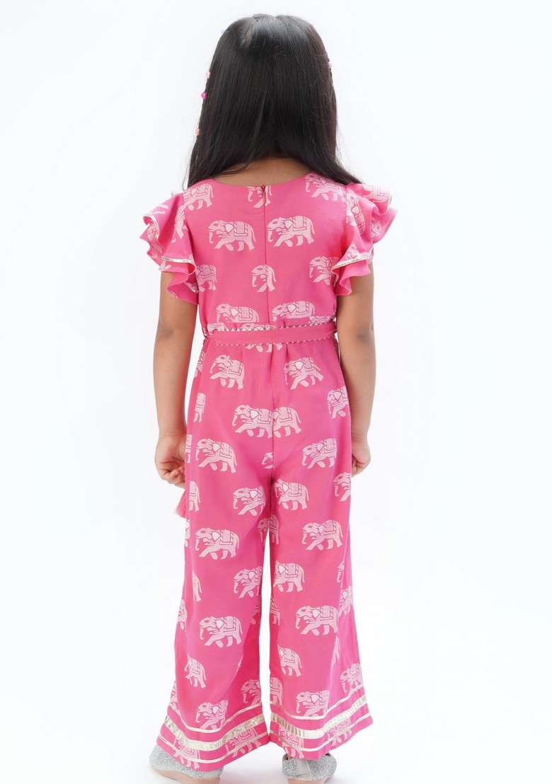 Pink Block Print Jumpsuit With Belt (Set of 2) - Indya