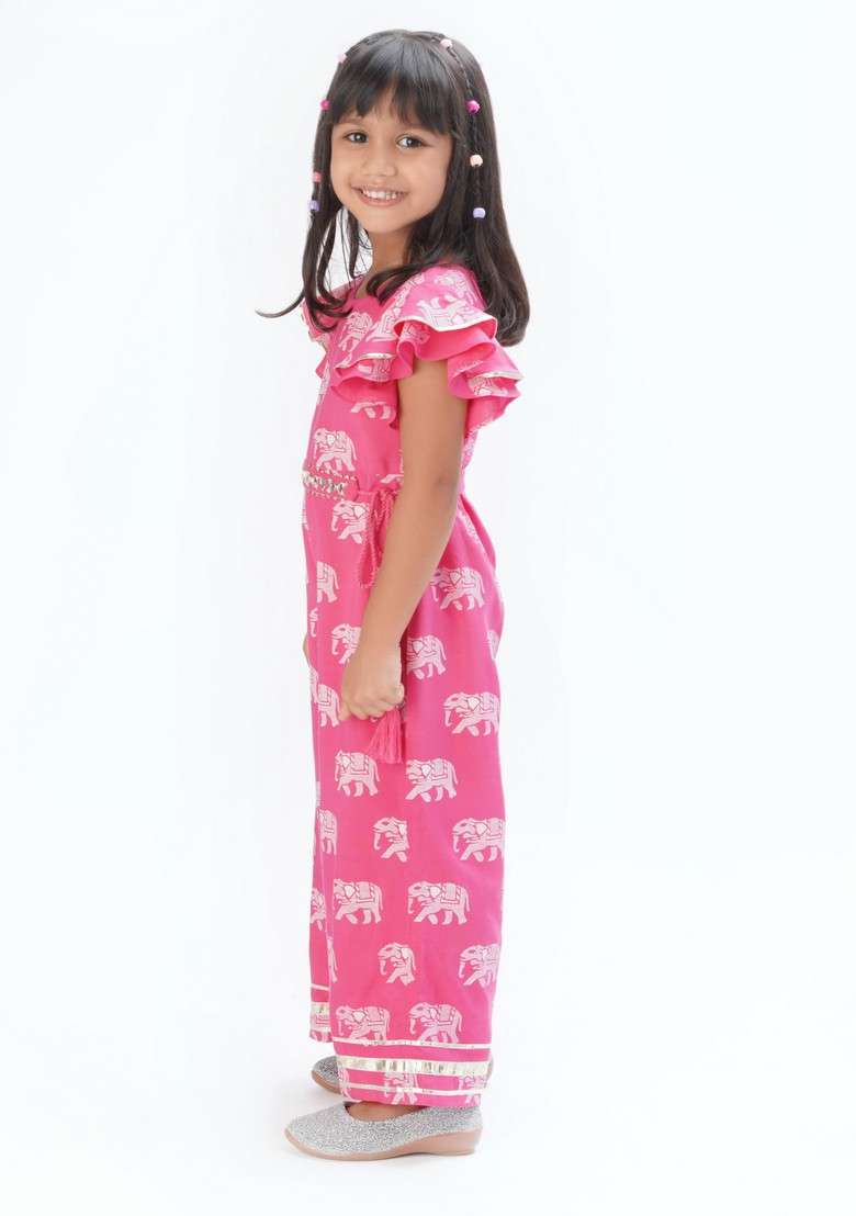 Pink Block Print Jumpsuit With Belt (Set of 2) - Indya