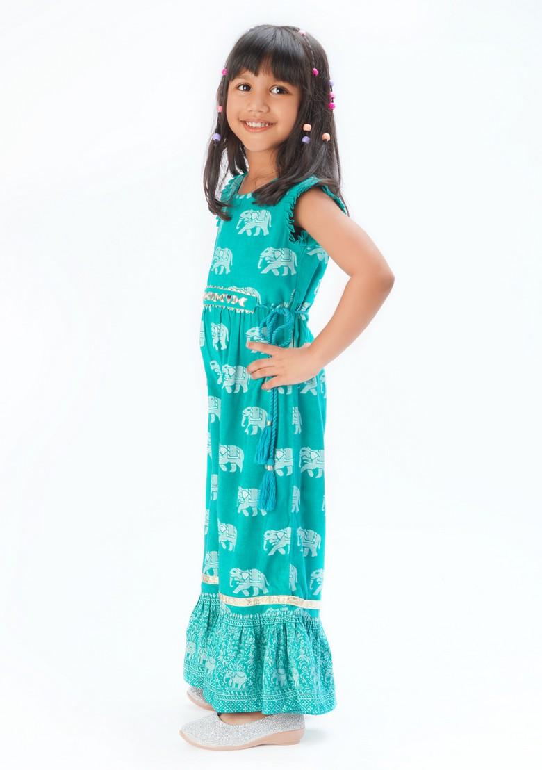 Green Block Print Jumpsuit With Belt (Set of 2) - Indya