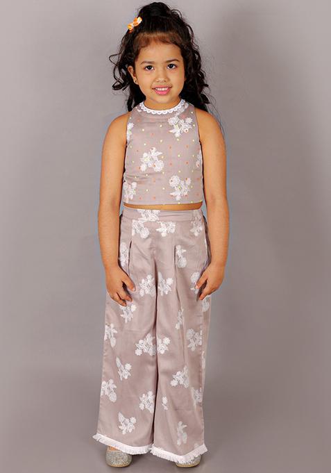 Grey Printed Embroidered Top With Pants (Set of 2)