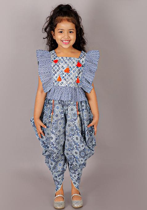 Blue Block Print Top With Dhoti Pants (Set of 2)