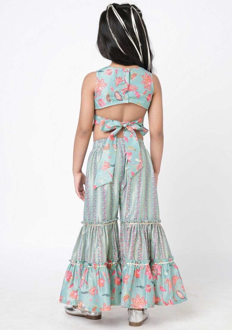 Blue Digital Print Sharara With Crop Top (Set of 2)