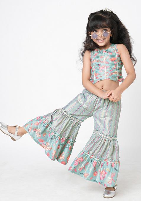 Blue Digital Print Sharara With Crop Top (Set of 2)