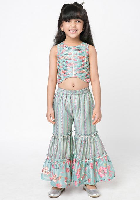 Blue Digital Print Sharara With Crop Top (Set of 2)
