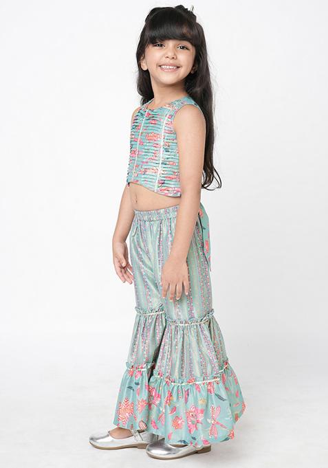 Blue Digital Print Sharara With Crop Top (Set of 2)